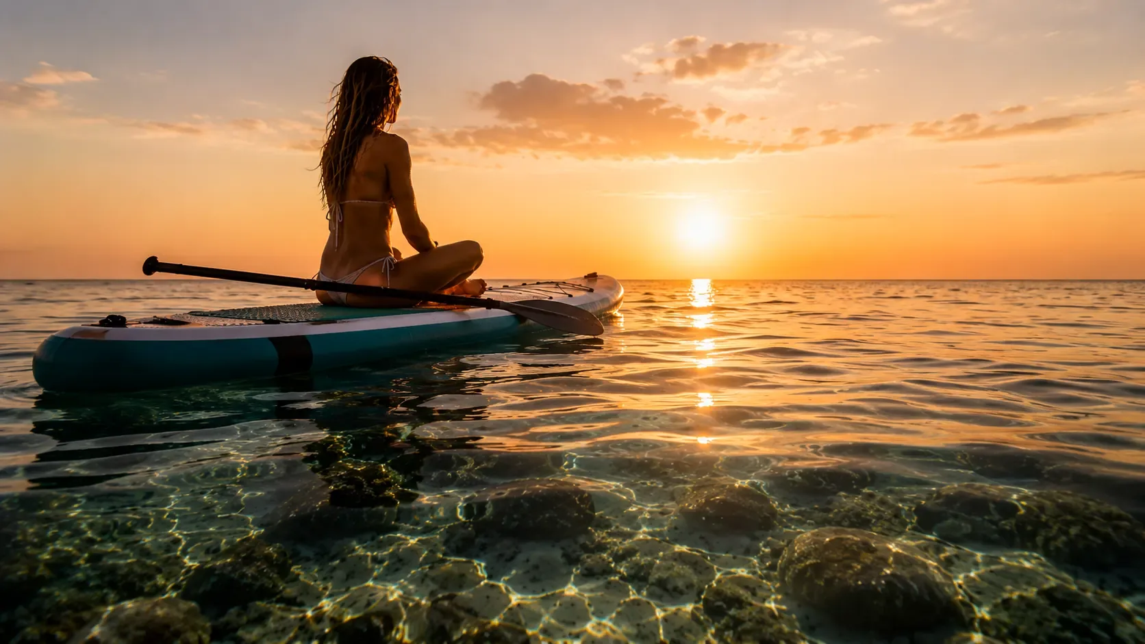 Paddle surf sobre aguas transparentes al atardecer